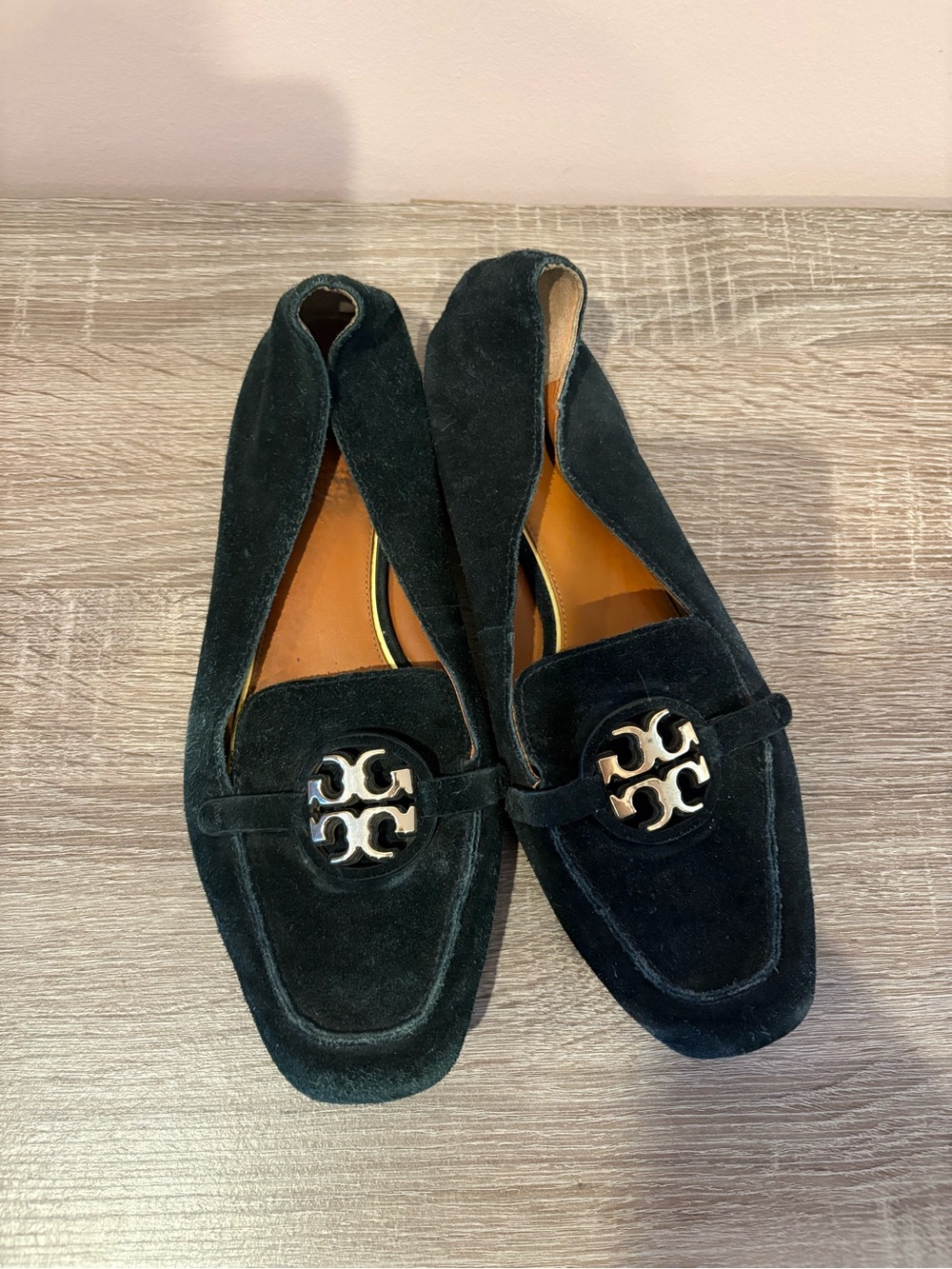 Tory Burch Black Suede Loafers with Gold Logo Medallion